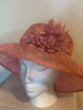 Kentucky Derby Elegant Pink Wide-Brim Floral Sun Hat.